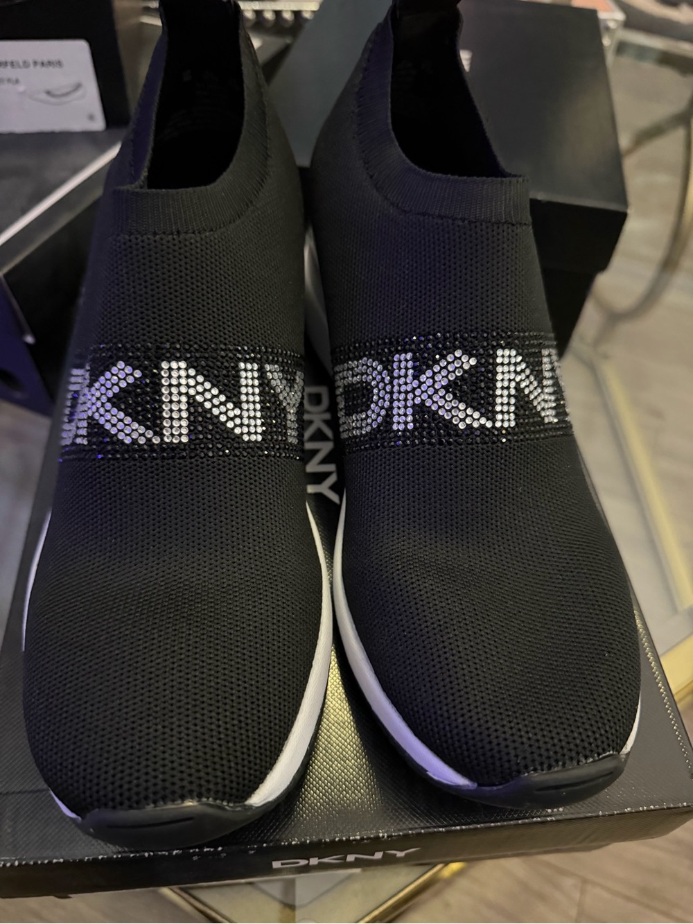 DKNY Black Knit Slip-On Sneakers with Crystal Logo